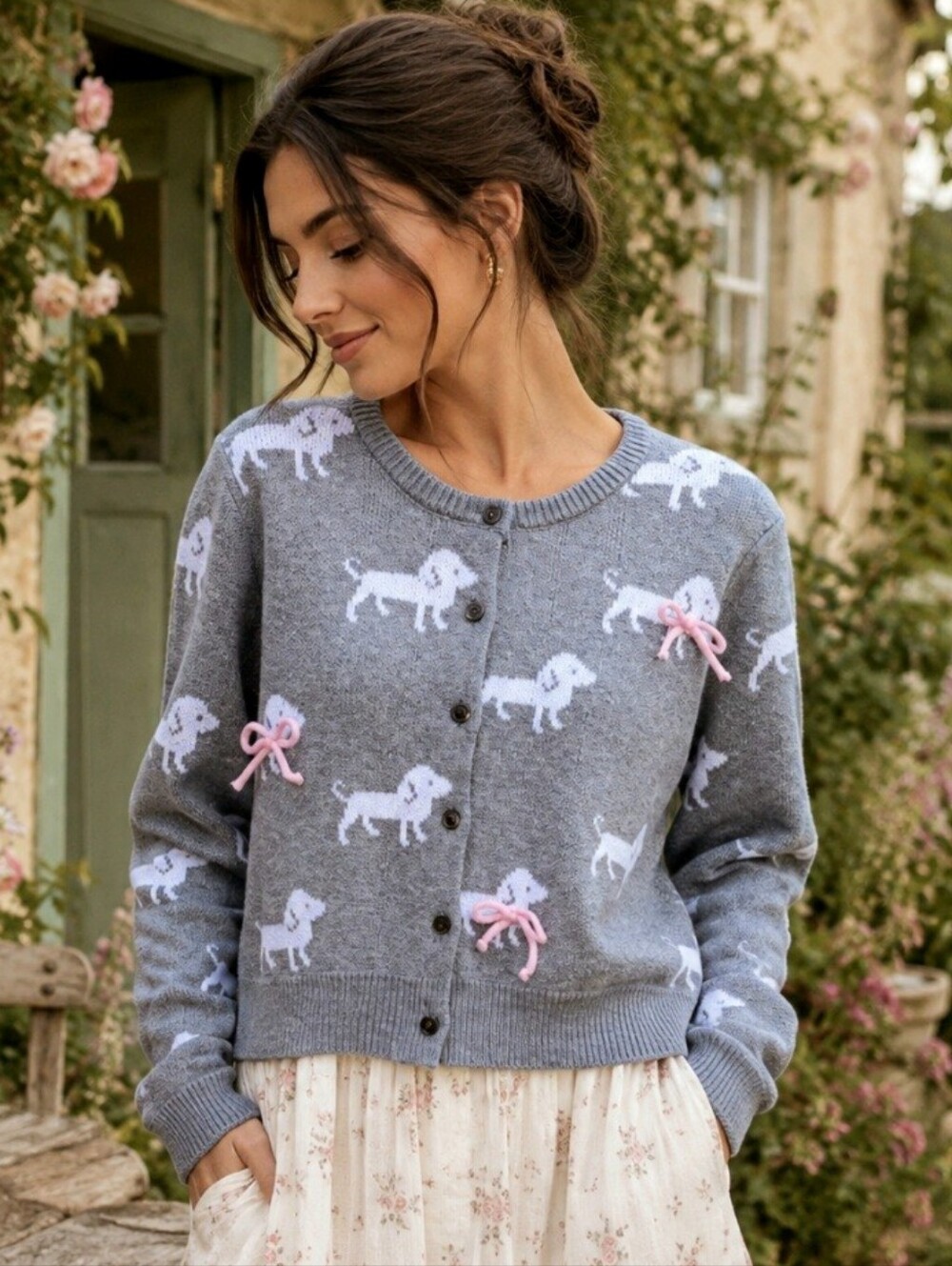 Dachshund Dog Print Bow Cardigan Sweater Gray Long Sleeve Button Front Large NWT